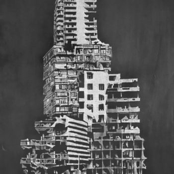 John Bowman, Highrise, 2017, Erased graphite on gessoed wood panel, 60 x 36 inches