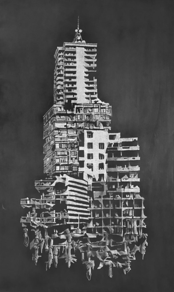 John Bowman, Highrise, 2017, Erased graphite on gessoed wood panel, 60 x 36 inches