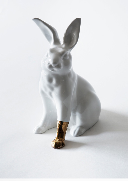 Scott Patt, Rabbit with foot (gold), 2012, Bronze, enamel and 24k gold plating, 9 3/4 x 6 x 4 inches
