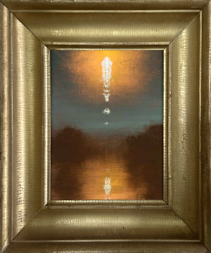 Stephen Hannock, Launch at Dawn (Mass MoCA #69), 2007, Polished oil on canvas, 10 x 7 3/4 inches, 17 x 12¾ inches (framed)