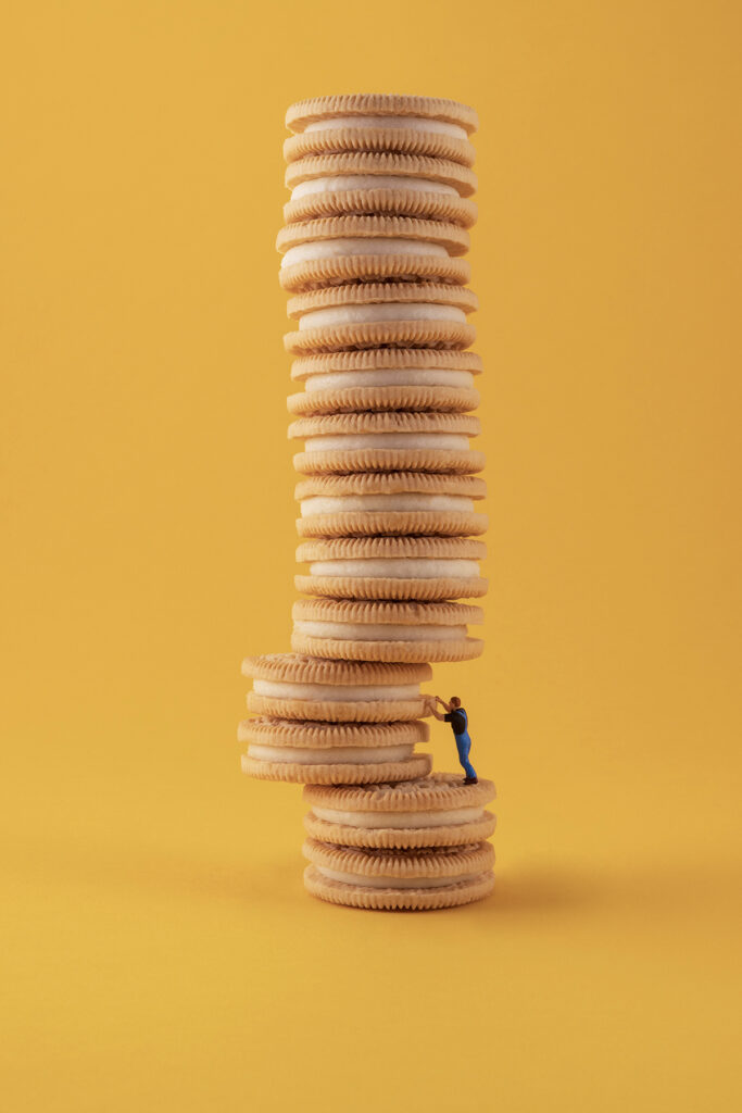 Christopher Boffoli, Oreo Jenga, 2023, Archival ink print with acrylic dibond mounting, Available in various sizes