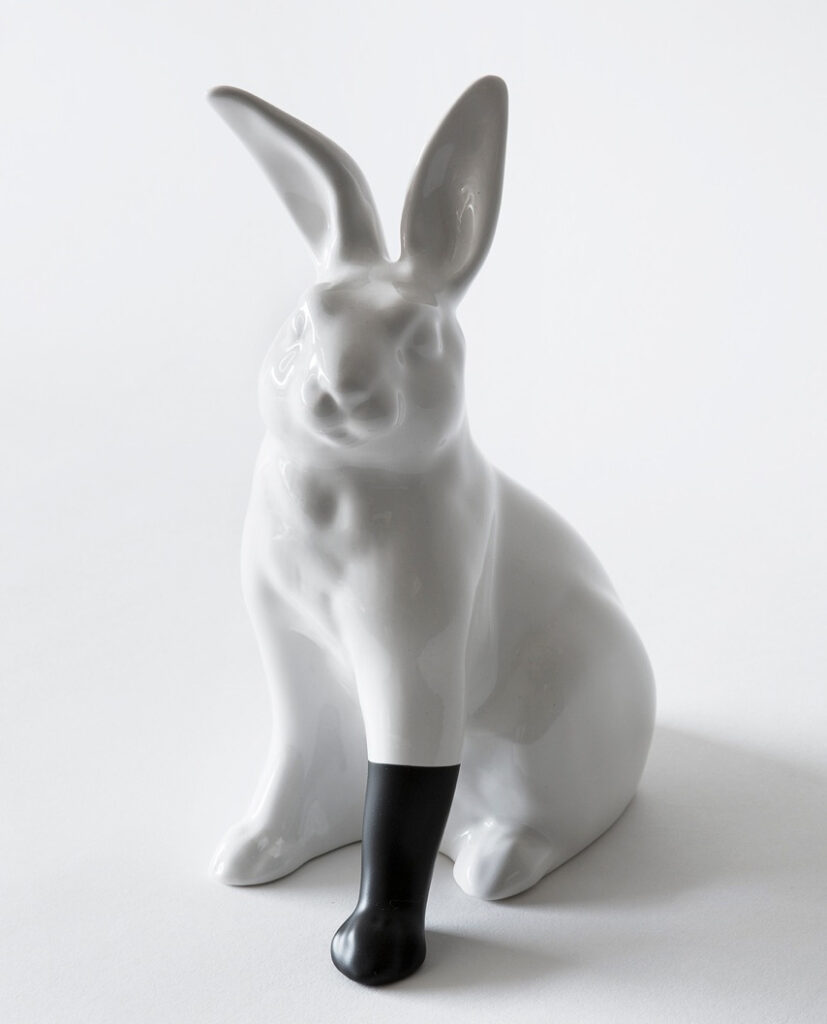 Scott Patt, Rabbit with foot (black), 2012, Ceramic and rubber, 10/20, 9 3/4 x 5 1/4 x 8 inches