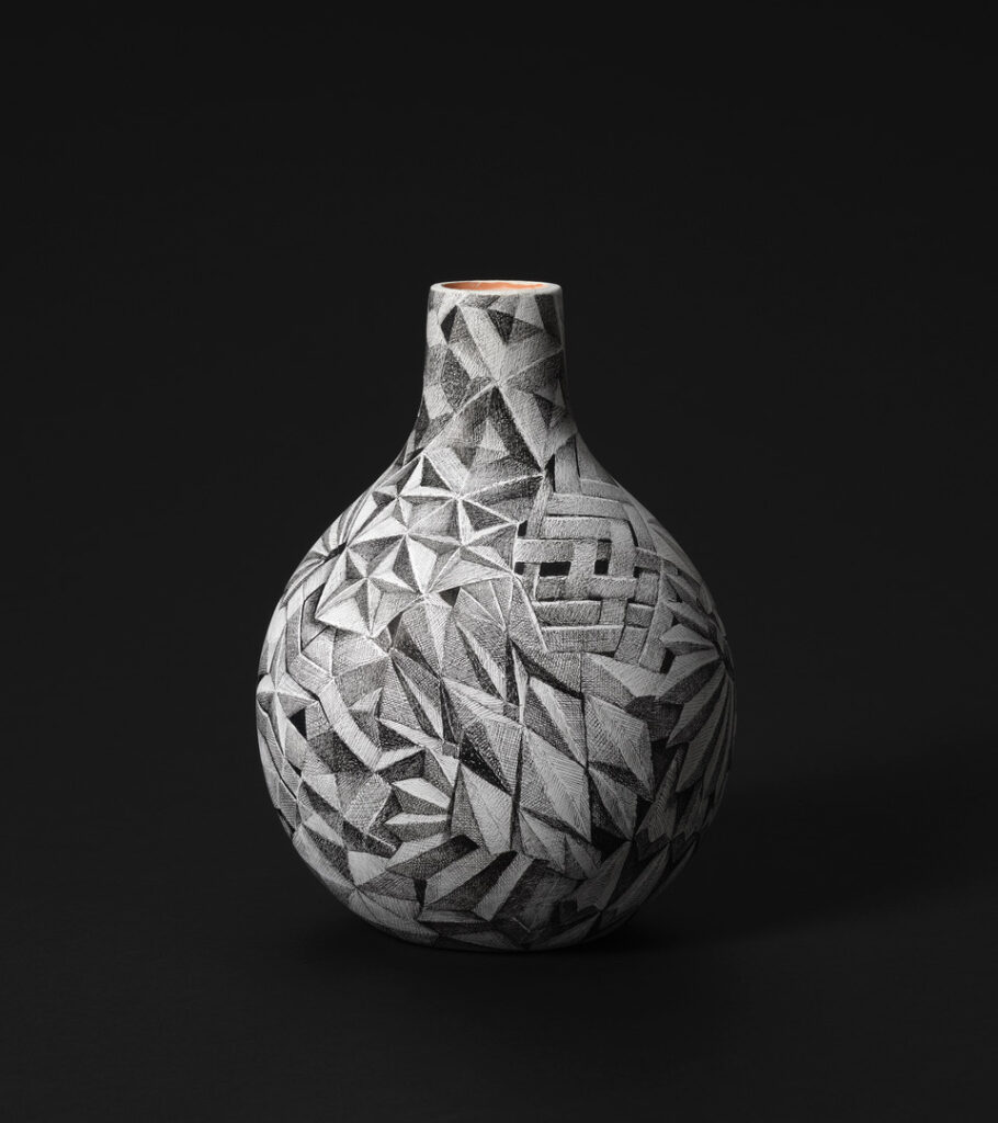 Ethan Murrow, Soil Reliquary 1, 2023, Ink on ceramic vase, 10 x 8 x 8 inches
