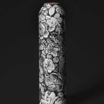 Ethan Murrow, Soil Reliquary 2, 2023, Ink on ceramic vase, 14 x 4 x 4 inches