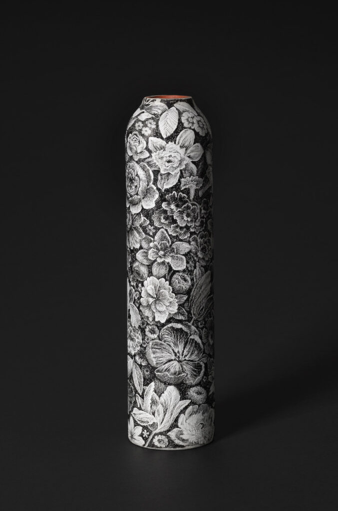 Ethan Murrow, Soil Reliquary 2, 2023, Ink on ceramic vase, 14 x 4 x 4 inches