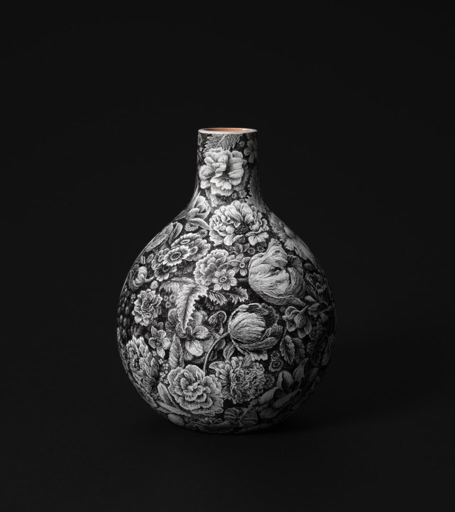 Ethan Murrow, Soil Reliquary 3, 2023, Ink on ceramic vase, 13 x 10 x 10 inches