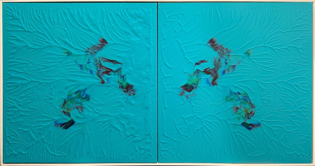Ed Cohen, We got all the way to each other, 2023, Fluid acrylic on canvas, 31 x 61 1/4 x 2 inches