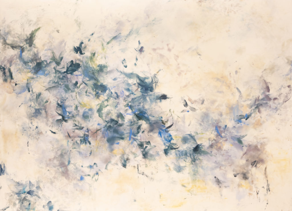 Betsy Eby, With Eyes the Color of Lake and Sky, 2021, hot wax, cold wax, oil, ink on panel, 48 x 66 inches