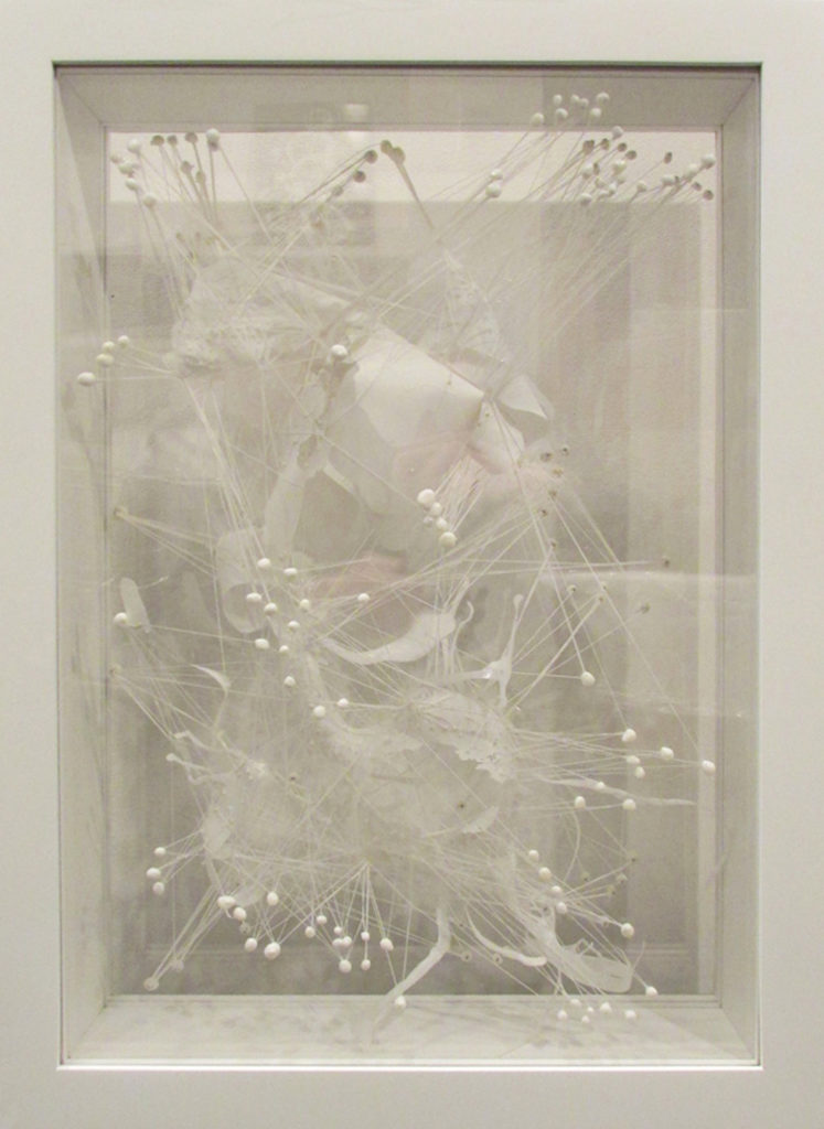 Julia Von Eichel, Crammed, 2014, Acrylic on Mylar, string, Plexiglas, 21 x 15 inches