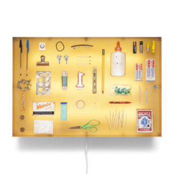 Jil Weinstock, Freitag’s Family Kitchen Drawer, 2015, Urethane rubber, mixed media, stainless steel frame and fluorescent light, 16 x 24 inches