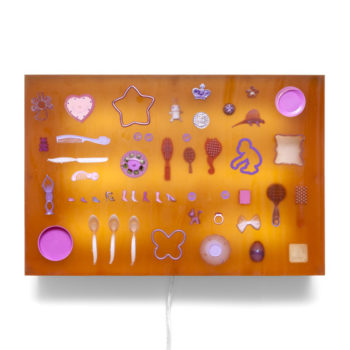 Jil Weinstock, Pink Findings from Tennessee, 2015, Urethane rubber, mixed media, stainless steel frame and fluorescent light, 16 x 24 inches
