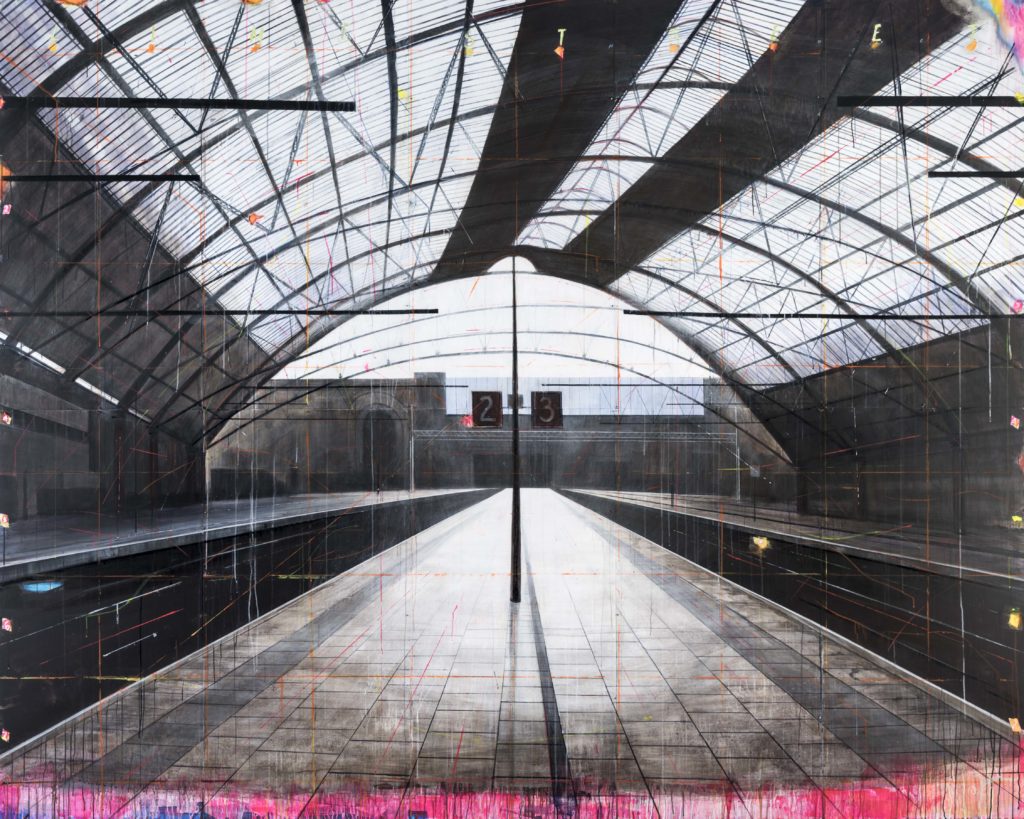 SOLD Peter Waite, Lime Street Station/Liverpool, 2015, Acrylic on panels, 96 x 120 inches