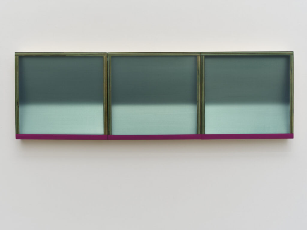 Heather Hutchison, Night Break, 2023, Mixed media, reclaimed Plexiglas, flashe, graphite, tape, vinyl, birch plywood box, 16 1/2 x 52 3/4 x 3 3/4 inches