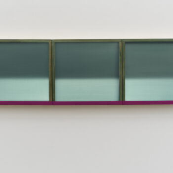Heather Hutchison, Night Break, 2023, Mixed media, reclaimed Plexiglas, flashe, graphite, tape, vinyl, birch plywood box, 16 1/2 x 52 3/4 x 3 3/4 inches