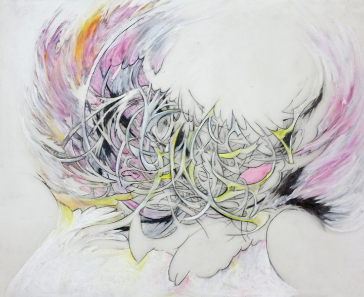 Julia von Eichel, Forced, 2016, Oil pastel and graphite on Mylar, 17 x 20 5/8 inches