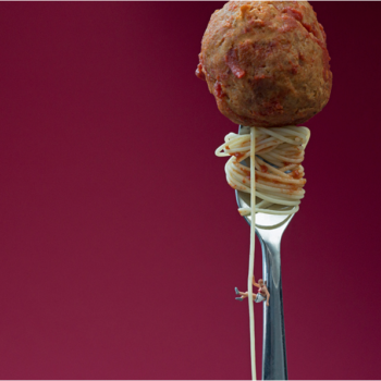 Christopher Boffoli, Meatball Rappeller, 2016, Archival ink print with acrylic dibond mounting, 24 x 36 inches