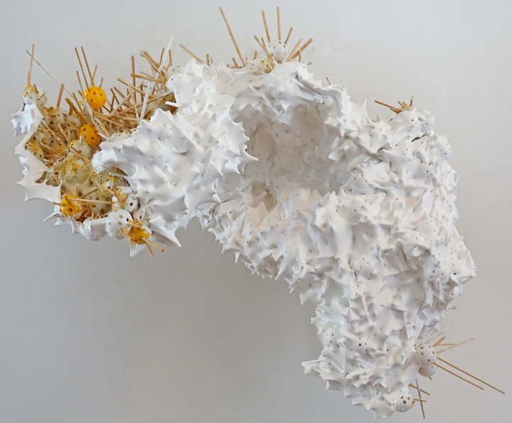 Julia von Eichel, Tumble, Fumble, 2015, Silk, acrylic, wood, thread, plastic and epoxy, 26 x 41 inches x 20 inches