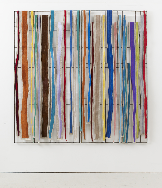 Annie Morris, Grid 25, Cadmium Orange, 2017, Primed canvas, thread, steel, 79 x 79 inches