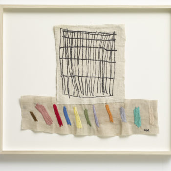 Annie Morris, Grid 11, Studio Pink, 2017, Canvas, thread, 21 x 24 1/2 inches