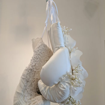 Zoë Buckman, April Shroud, 2017, Chain, embroidery on vintage wedding dresses, boxing gloves, 18 x 11 inches x 11 inches