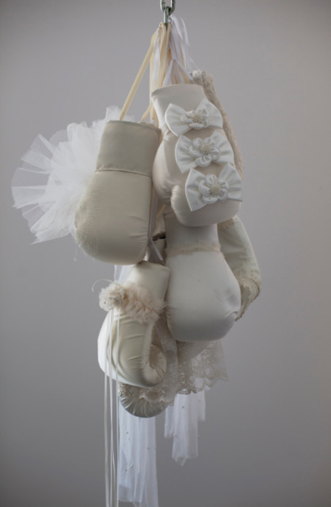 Zoë Buckman, Veiled Melancholy, 2017, Chain, embroidery on vintage wedding dresses, boxing gloves, 30 x 24 inches x 11 inches