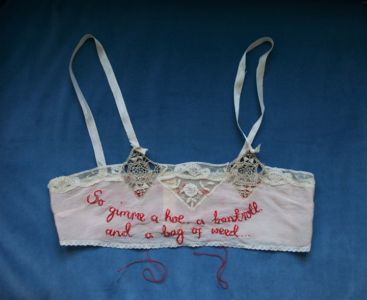 Zoë Buckman, So Gimmie a, 2014, Embroidery on vintage lingerie, Variable dimensions