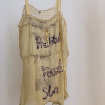 Zoë Buckman, Prostitute Found Slain, 2014, Embroidery on vintage lingerie, Variable Dimesions