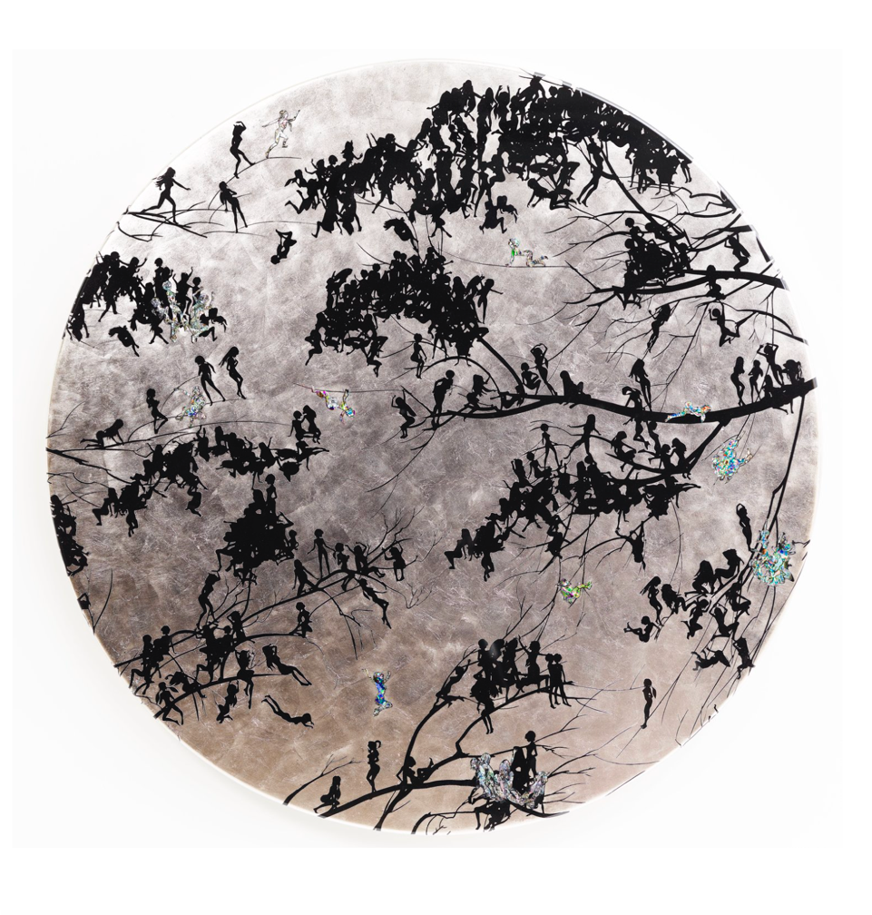 Jessica Lichtenstein, Aurora, 2018, Wood, epoxy and palladium leaf, shell, 46 x 46 x 3 inches