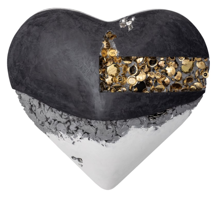 Jessica Lichtenstein, See First Light, 2022, Concrete and plaster heart with engraved lockets and watches, 24 x 21 x 9 inches