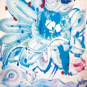 Catherine Howe, Silk Monotype (Parrot Flower), 2020, Acrylic on Habotai silk with wooden stretcher and canvas backing, 48 x 36 x 1⅜ inches 