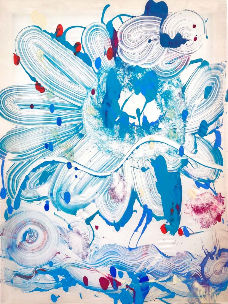 Catherine Howe, Silk Monotype (Parrot Flower), 2020, Acrylic on Habotai silk with wooden stretcher and canvas backing, 48 x 36 x 1⅜ inches 