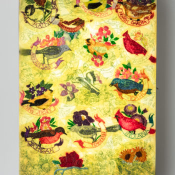 Jil Weinstock, Statu Avium | Flores / State Birds and Flowers, 2019, Rubber, fabric, thread, aluminum and fluorescent light, 24 x 16 inches