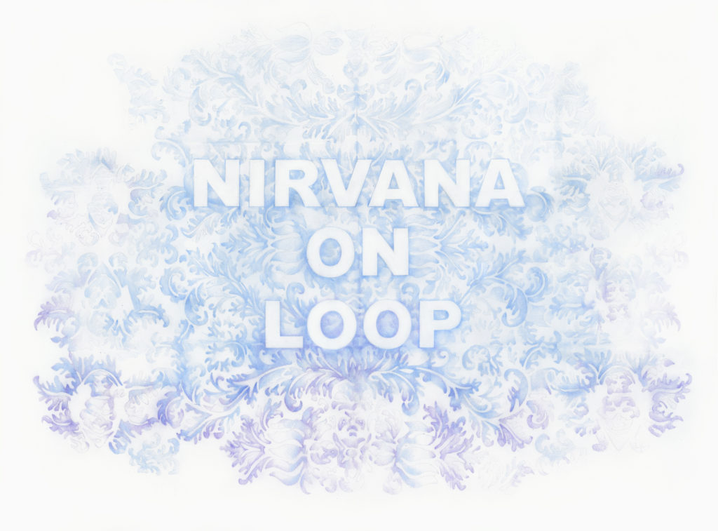 Amanda Manitach, Nirvana On Loop, 2019, Colored pencil on paper, 22 x 30 inches, Framed Dimensions 26⅛ x 33⅝ inches