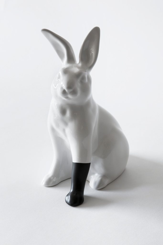 Scott Patt, Rabbit with foot (black), 2012, Ceramic and rubber, 9 3/4 x 5 1/4 x 8 inches