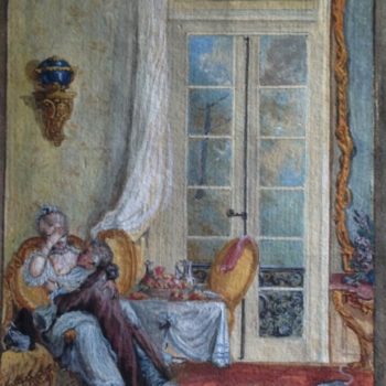 18th Century French School, Scene from Armide, Black chalk, pen and brown ink, watercolor, heightened with white, 6 x 4 1/3 inches