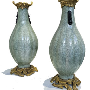 Unknown Artist, Early 20th Century Ormolu-Mounted Chinese Craqulaured Celadon Vases, Ceramic, 15 1/2 inches high