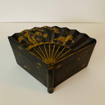 A Japanese Lacquer Box of Inro-Buta-Zukuri type in the form of a fan, decorated in nashijiand gold hirakami on a black background, Edo Period, 1618 - 1868, 4 1/2 x 9 x 6 1/4 inches