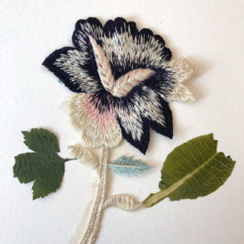 Jil Weinstock, Unwanted Collaborator (black, pink and green flower), 2020, Plant life, thread, adhesive and rag paper, 10 x 8 1/2 inches