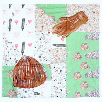 So Ye Oh, FalltoWinter & PickAcornPineCone & Craft, 2019, Acrylics, buttons, bleach, digitally-printed fabrics, found fabrics, polyester filling, sewing threads, 39.5 x 40 x 0.8 inches