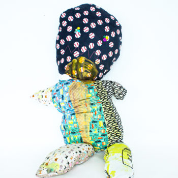 So Ye Oh, Big Buddy, 2019, Acrylics, buttons, digitally-printed fabrics, found fabrics, polyester filling, sewing threads, 67 x 32 x 23 inches