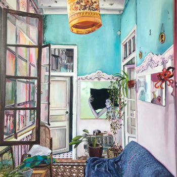 Lizzie Zelter, La sala de todos, Valencia, 2020, Oil on canvas, 48 x 36 inches