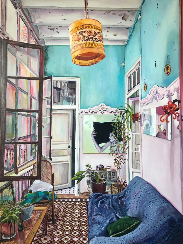 Lizzie Zelter, La sala de todos, Valencia, 2020, Oil on canvas, 48 x 36 inches