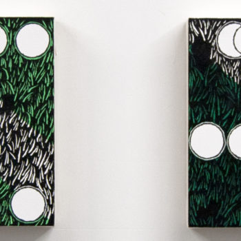 Dan Fig, Daisy Cutters (Day and Night), 2020, Acrylic on canvas over board, diptych, 10 x 10 inches (each)