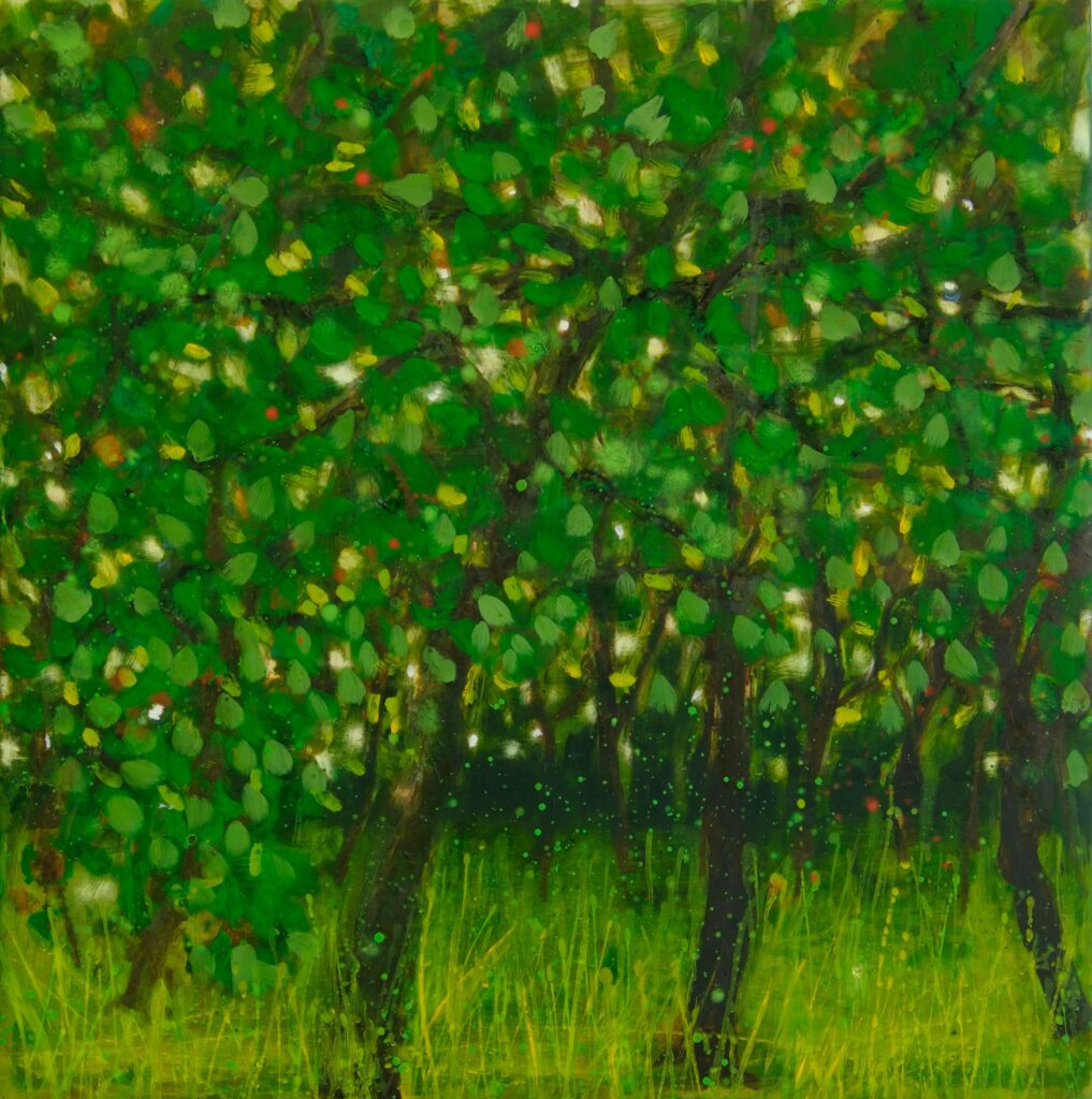 Katherine Bowling, Square Orchard, 2019, Oil on spackle on wood panel, 24 x 24 inches
