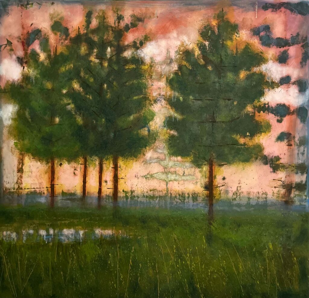 Katherine Bowling, Pink Sky, 2023, Oil on spackle on wood panel, 34 x 36 inches