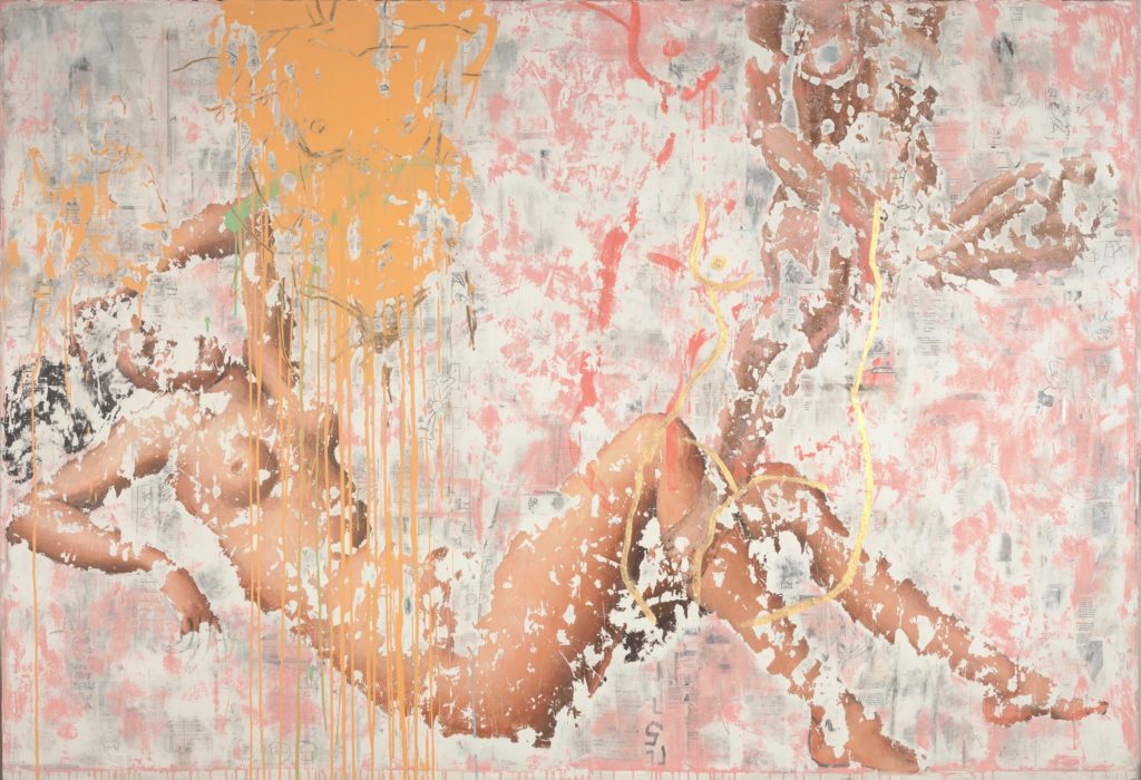 Nicole Charbonnet, Mythologies No. 28 (Danae and the Shower of Gold No. 2), 2020, Mixed media on canvas, 66 x 96 inches
