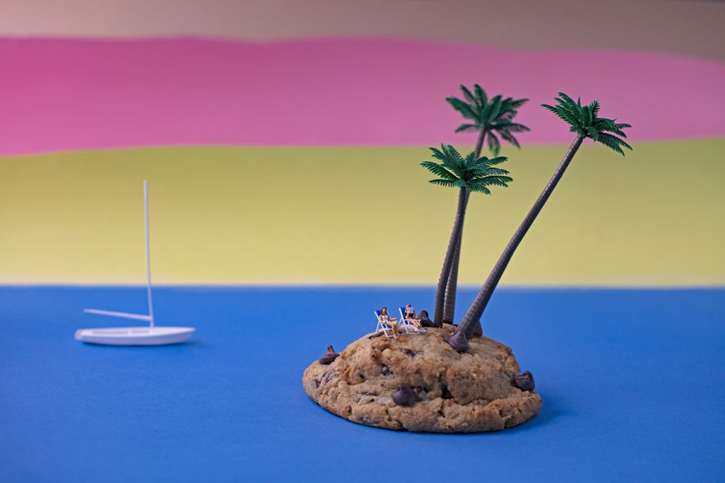 Christopher Boffoli, Chocolate Chip Cookie Island, 2020, Archival ink print with acrylic dibond mounting, 12 x 18, 24 x 36, 32 x 48, 48 x 72 inches