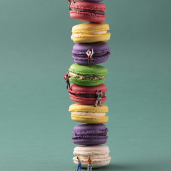 Christopher Boffoli, Macaron Free Climbers, 2020, Archival ink print with acrylic dibond mounting, 18 x 12, 36 x 24, 48 x 32, 72 x 48 inches