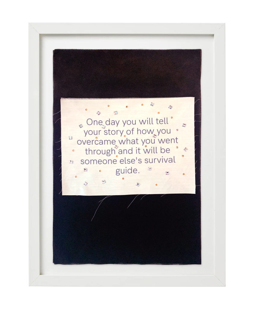 Stephanie Hirsch, One Day You Will Tell The Story, 2020, Swarovski crystals on fabric, 20 x 14 inches (framed)