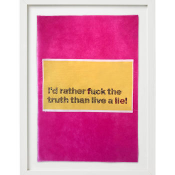 Stephanie Hirsch, I'd rather fuck the truth, 2020, Swarovski crystals on fabric, 20 x 14 inches (framed)